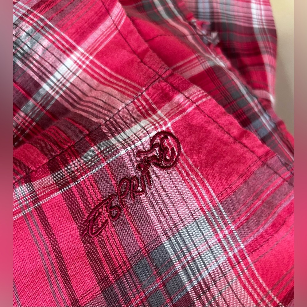 Esprit Red-Pink Plaid Ruffle Button-Front Blouse - Picture 5 of 7